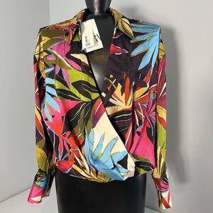 Zara Shirt Floral Satin Effect Faux Wrap Top Womens S Multicolor Long Sleeve